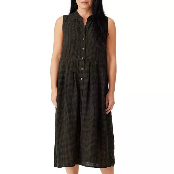 NEW Eileen Fisher Seaweed Linen Mandarin Collar Sleeveless Pleated Midi Dress - Picture 1 of 6
